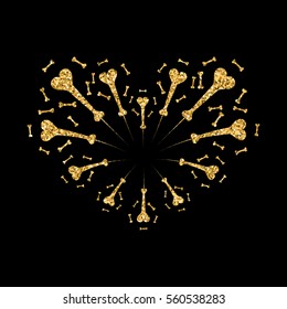 Heart firework gold. Beautiful flat golden firework isolated on black background. Bright decoration design Valentine day, romantic love card, wedding celebration, festival Vector illustration