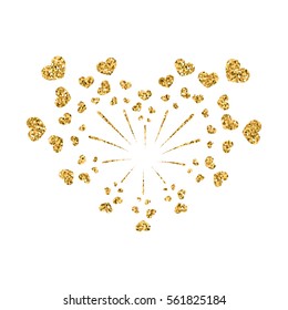 Heart firework gold. Beautiful flat golden firework isolated on white background. Bright decoration design Valentine day, romantic love card, wedding celebration, festival Vector illustration