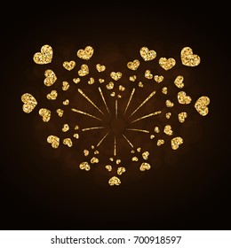 Heart firework gold. Beautiful flat golden firework isolated on black background. Bright decoration design Valentine day, romantic love card, wedding celebration, festival Vector illustration