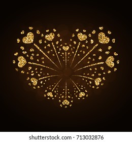 Heart firework gold. Beautiful flat golden firework isolated on black background. Bright decoration design Valentine day, romantic love card, wedding celebration, festival Vector illustration