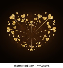 Heart firework gold. Beautiful flat golden firework isolated on black background. Bright decoration design Valentine day, romantic love card, wedding celebration, festival Vector illustration