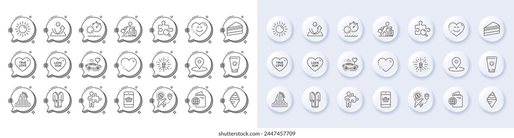 Heart, Fireworks explosion and Pin line icons. White pin 3d buttons, chat bubbles icons. Pack of Search puzzle, Love him, Tanning time icon. Travel passport, Puzzle, Travel delay pictogram. Vector