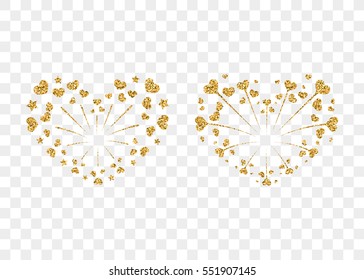 Heart fireworks gold set. Beautiful flat golden firework isolated on transparent background. Bright decoration design Valentine day, romantic love card, wedding celebration Vector illustration