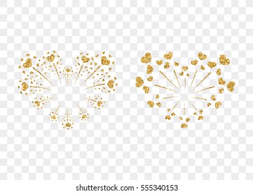 Heart fireworks gold set. Beautiful flat golden firework isolated on transparent background. Bright decoration design Valentine day, romantic love card, wedding celebration Vector illustration