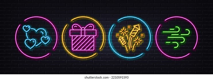 Heart, Fireworks rocket and Surprise minimal line icons. Neon laser 3d lights. Windy weather icons. For web, application, printing. Love rating, Pyrotechnic salute, Present with bow. Wind. Vector