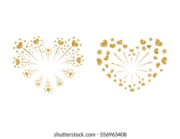 Heart fireworks set gold. Beautiful flat golden firework isolated on white background. Bright decoration design Valentine day, romantic love card, wedding celebration, festival Vector illustration