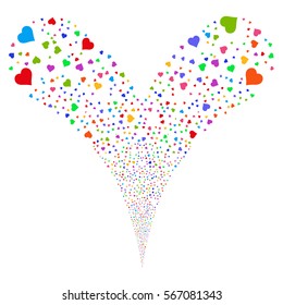 Heart fireworks stream. Vector illustration style is flat bright multicolored iconic symbols on a white background. Object double fountain organized from random icons.