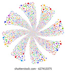 Heart fireworks swirl rotation. Vector illustration style is flat bright multicolored iconic symbols on a white background. Object whirl organized from random symbols.