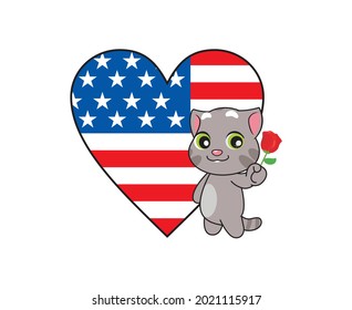 fondo de la bandera del corazón y gato llevando flores