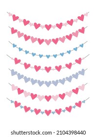 Marismas de la bandera del corazón. Elementos decorativos de San Valentín. Banner festivo romántico, hermosa fiesta, decoraciones colgantes en forma de huerto cardíaco. Dibujo de dibujos animados de color rosa y azul brillante de forma plana