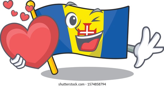 With heart flag madeira cartoon character mascot style