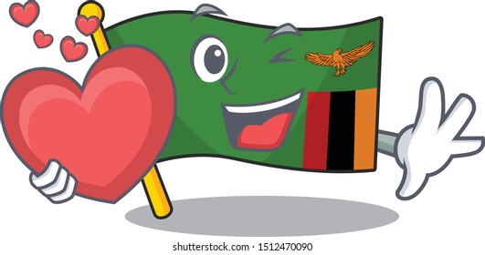 With heart flag zambia cartoon hoisted in pole