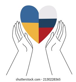 Heart with the flags of Ukraine and Russia. Preservation of peace. Crisis in relationship between countries. Vector Illustration.