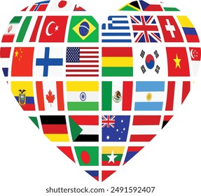 Heart Flags: Flags of world countries and in heart love shape on white background