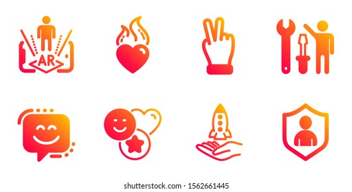 Heart flame, Augmented reality and Repairman line icons set. Smile face, Crowdfunding and Victory hand signs. Smile, Security symbols. Love fire, Phone simulation. People set. Vector