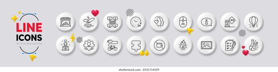 Heart flame, Chemistry lab and Swipe up line icons. White buttons 3d icons. Pack of Professional, Information, Wallet icon. Boat fishing, Online voting, Electric bike pictogram. Vector