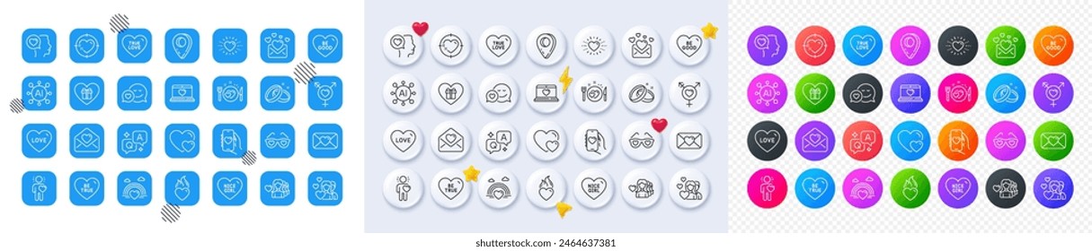 Iconos de la línea Heart flame, Heart and Dating App. Cuadrado, Degradado, Botones 3d de chincheta. Iconos de AI, QA y pin de mapa. Paquete de Amor, Charla romántica, Icono de carta de amor. Sé bueno, Géneros, Pictograma de San Valentín. Vector