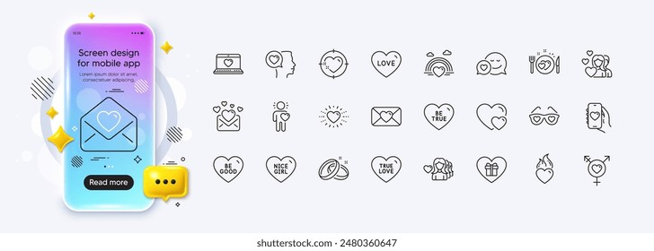 Heart flame, Heart and Dating app line icons for web app. Phone mockup gradient screen. Pack of Love, Romantic talk, Love letter pictogram icons. Be good, Genders, Valentine signs. Vector