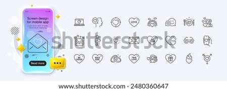 Heart flame, Heart and Dating app line icons for web app. Phone mockup gradient screen. Pack of Love, Romantic talk, Love letter pictogram icons. Be good, Genders, Valentine signs. Vector