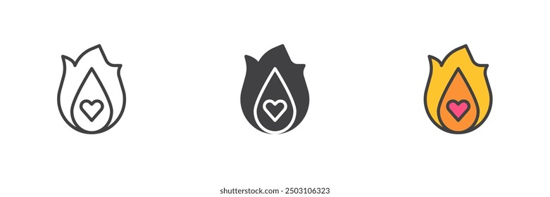 Heart flame different style icon set. Line, glyph and filled outline colorful version, outline and filled vector sign. Burning heart symbol, logo illustration. Vector graphics