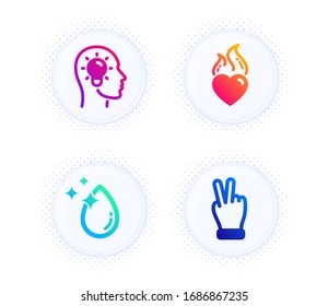 Iconos de flama cardíaca, cabeza de Idea y chorro de agua conjunto simple. Botón con puntos de tono medio. Señal de la mano de la victoria. Amo fuego, lámpara, agua cristalina. Palmita de gesto. Conjunto de negocios. Vector