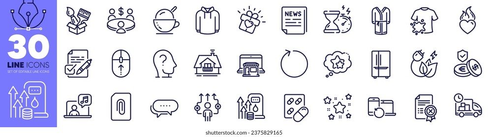 Heart flame, Music and Loop line icons pack. Ranking stars, Stars, Reject certificate web icon. Dots message, Ice cream, Hourglass timer pictogram. Love gift, Savings insurance, Psychology. Vector