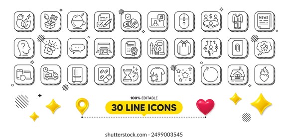 Heart flame, Music and Loop line icons pack. 3d design elements. Ranking stars, Stars, Reject certificate web icon. Dots message, Ice cream, Hourglass timer pictogram. Vector