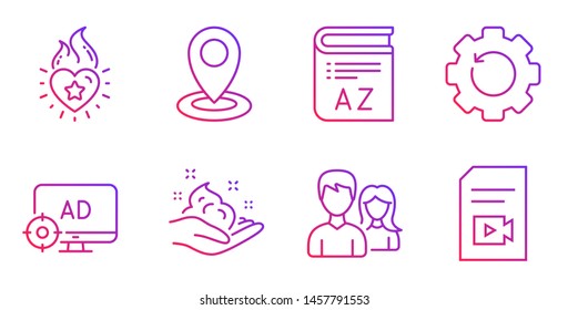 Heart Flame, Recovery Gear And Location Line Icons Set. Skin Care, Vocabulary And Couple Signs. Seo Adblock, Video File Symbols. Love Fire, Backup Info. Gradient Heart Flame Icon. Vector