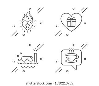 Heart flame, Scuba diving and Romantic gift line icons set. Coffee sign. Love fire, Trip swimming, Surprise with love. Cafe. Holidays set. Line heart flame outline icon. Vector