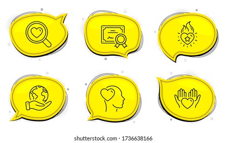 Heart flame sign. Diploma certificate, save planet chat bubbles. Friend, Search love and Hold heart line icons set. Love, Dating service. Love set. Outline icons set. Vector
