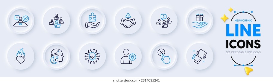 Heart flame, Teamwork question and Teamwork line icons for web app. Pack of Loyalty program, Job interview, Cyber attack pictogram icons. Winner cup, Reject click, Insomnia signs. Vector