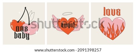 Heart with flame and wings, cherry, 00s baby, love, angel. Set of postcards with inscriptions in the Gothic style. Modern vector illustration Y2k.Nostalgia for the 2000 years. Perfect print for tshirt