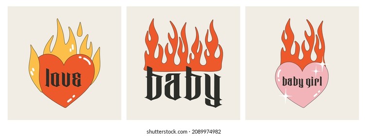 Heart with a flame and words - baby, love, baby girl. A set of postcards with inscriptions in the Gothic style. Modern vector illustration Y2k. Nostalgia for the 2000 years. Perfect print for tshirt
