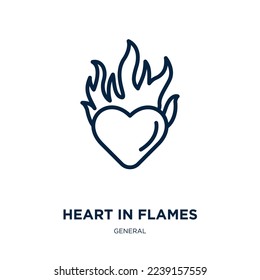 icono de corazón en llamas de la colección general. Corazón lineal delgado en llamas, corazón, icono del contorno amoroso aislado en fondo blanco. Signo de vector de línea en llamas, símbolo para web y móvil
