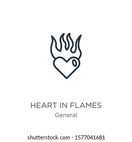 Heart in flames icon. Thin linear heart in flames outline icon isolated on white background from general collection. Line vector sign, symbol for web and mobile