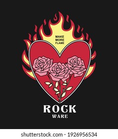 Herzt in Flammen und macht mehr Flamme - Rockware Modemodelogan.  Für den Modedruck und verschiedene Verwendungszwecke.