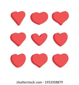 Heart flat 3d icon collection. Red hearts vector isometric illustrations.