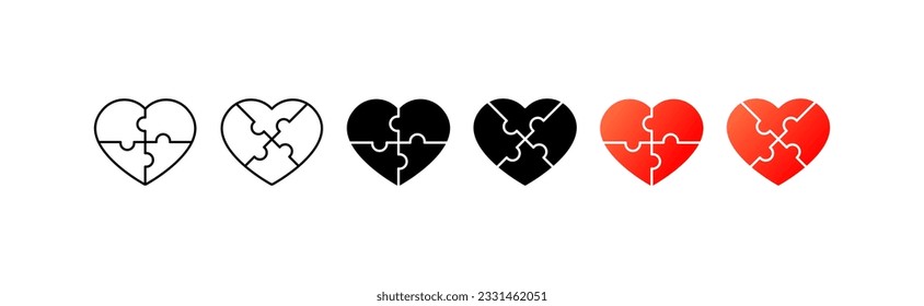 Heart. Flat, colored, heart from puzzle pieces, get to know your soul mate, make your couple happy, elements of happiness. Vector icons.