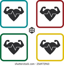 Heart Flat Design And Exercise Symbol And Icons Set On White Background And Colorful Border. Vector illustration. 