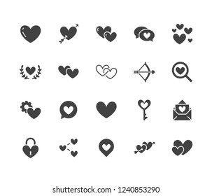 Heart flat glyph icons set. Love, dating site vector illustrations - two hearts shape, romantic date, private message, match. Signs for like, charity, wedding. Solid silhouette pixel perfect 64x64.