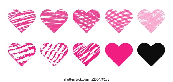 Heart flat hand drawn vector design in set with pink color and different shapes