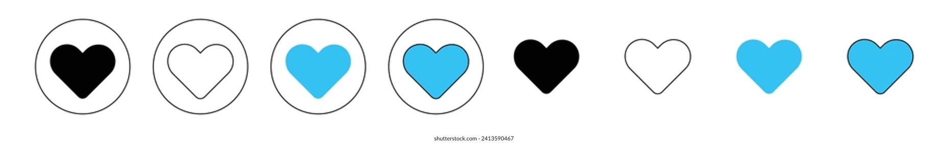Icono plano del corazón en círculo con estilos diferentes. Iconos vectoriales de corazón. Conjunto de corazón en el relleno azul y el icono del trazo. Símbolo icono de corazón en estilo lineal. Ilustración del vector
