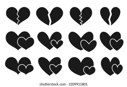 Heart flat icon set. Couples of hearts in love concept icons. Different shape of broken and lovely hearts black stamp or stencil. Wedding or Valentine day symbol isolated on white