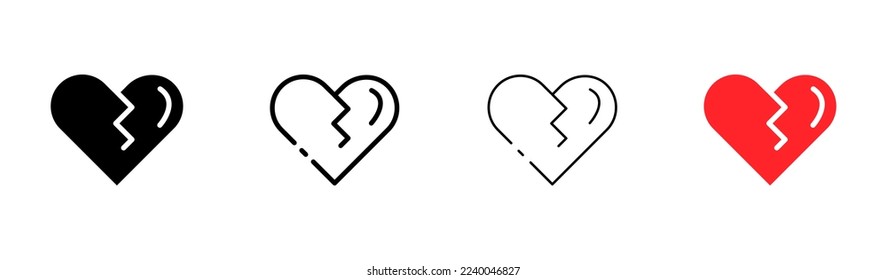 Heart flat icons set. Crack, broken heart, break, sadness, betrayal, breakup, divorce, red, black, linear. Relationship concept. Vector flat and line icons set on a white background