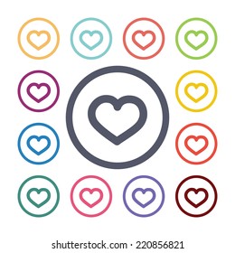 heart flat icons set. Open round colorful buttons. Vector 