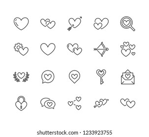 Heart flat line icons set. Love, dating site vector illustrations - two hearts shape, romantic date, private message, match. Thin signs for like, charity, wedding. Pixel perfect 64x64. Editable Stroke