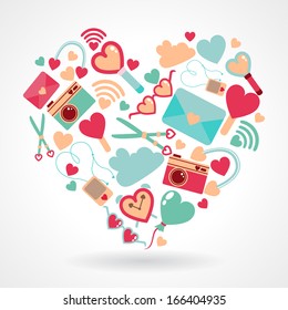 Heart with flat love elements. Vector illustration
