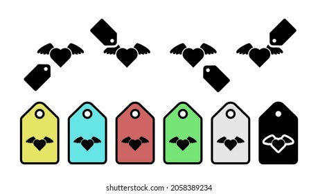 Heart flat, wings vector icon in tag set illustration for ui and ux, website or mobile application