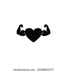 Heart with Flexing Arms Silhouette: Minimalist Black Vector Design Representing Strength and Love
