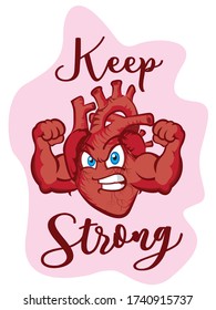 Heart Flexing Muscles Cartoon Character. Keep Strong Heart Character for Cardiac Rehabilitation. Easy to Edit